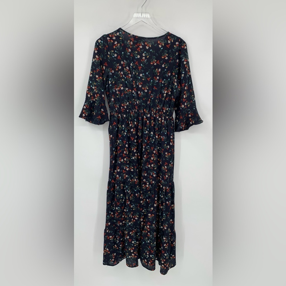 Hayden Floral boho midi floral dress black bell sleeve faux wrap shift Medium